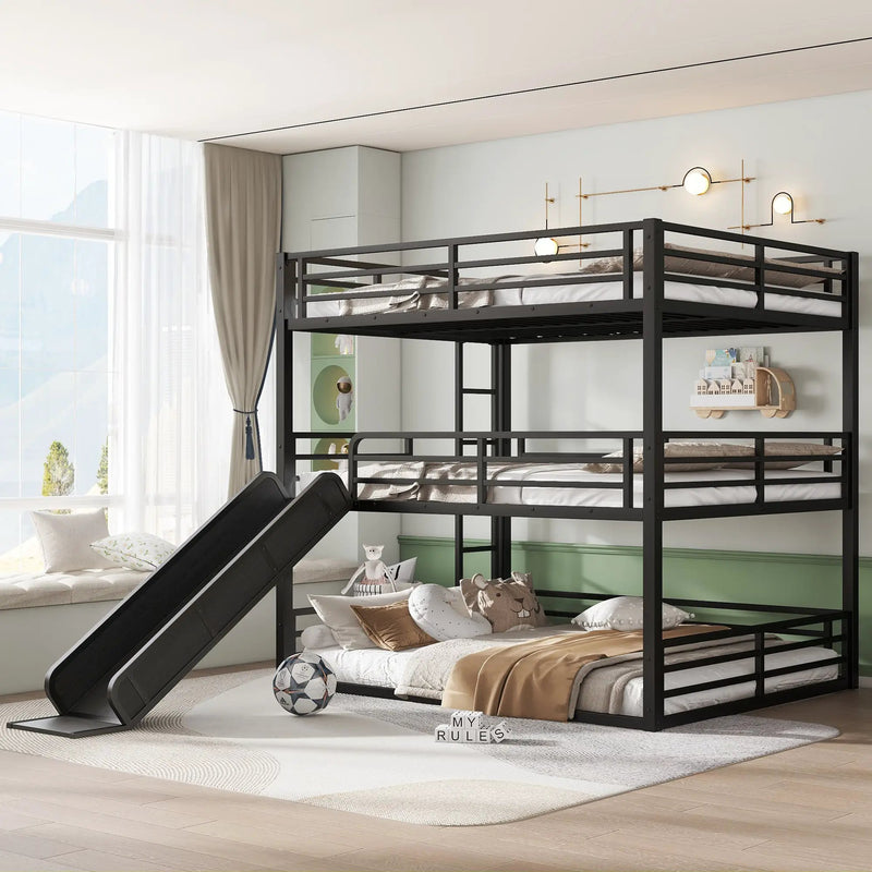 Queen Over Queen Over Queen Bunk Bed with Slide by HouseOfZazla