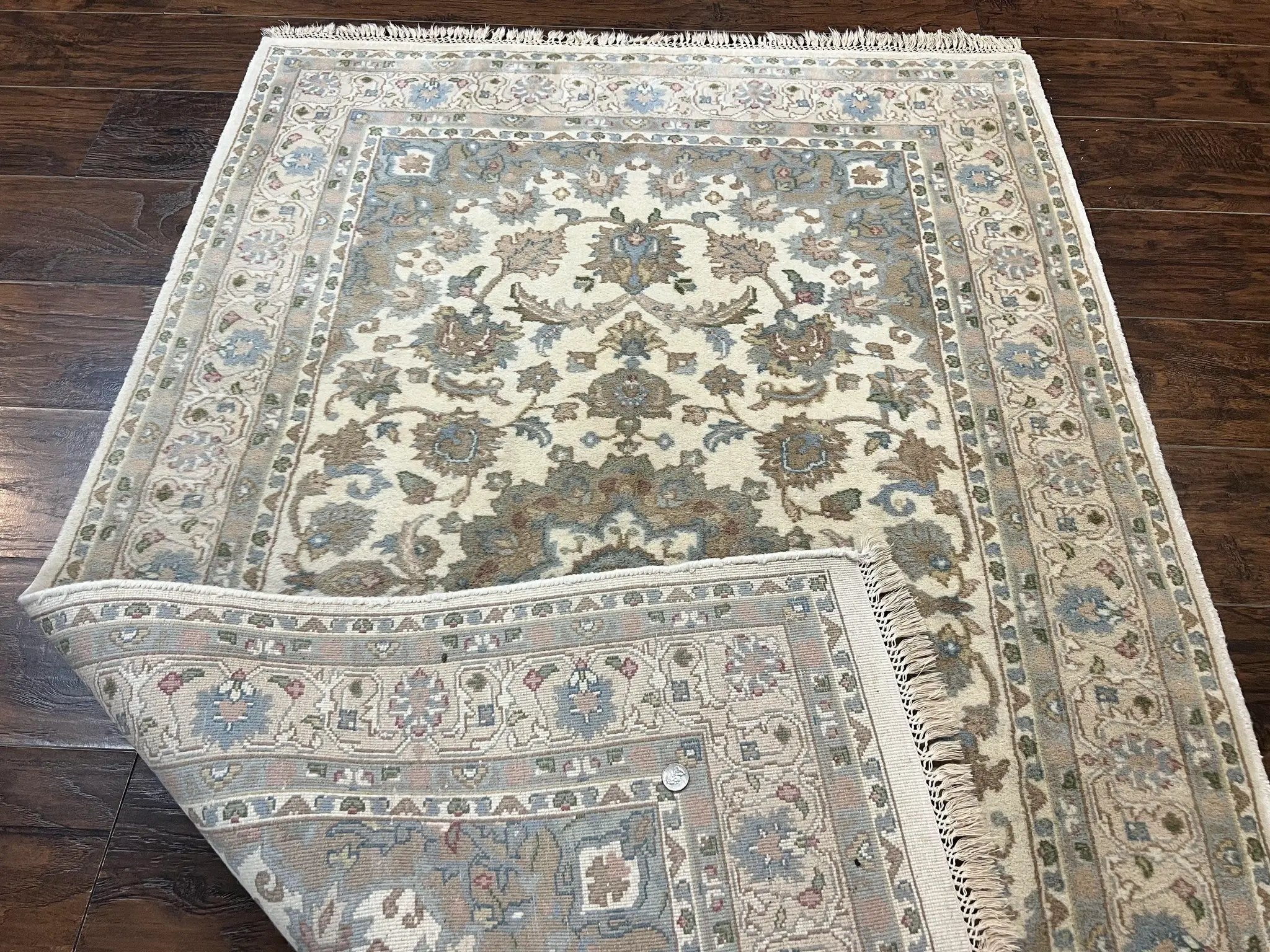 Indo Persian Rug 4x6, Floral Medallion, Beige, Handmade Wool Vintage Carpet 4 x 6 ft by Jewel Rugs