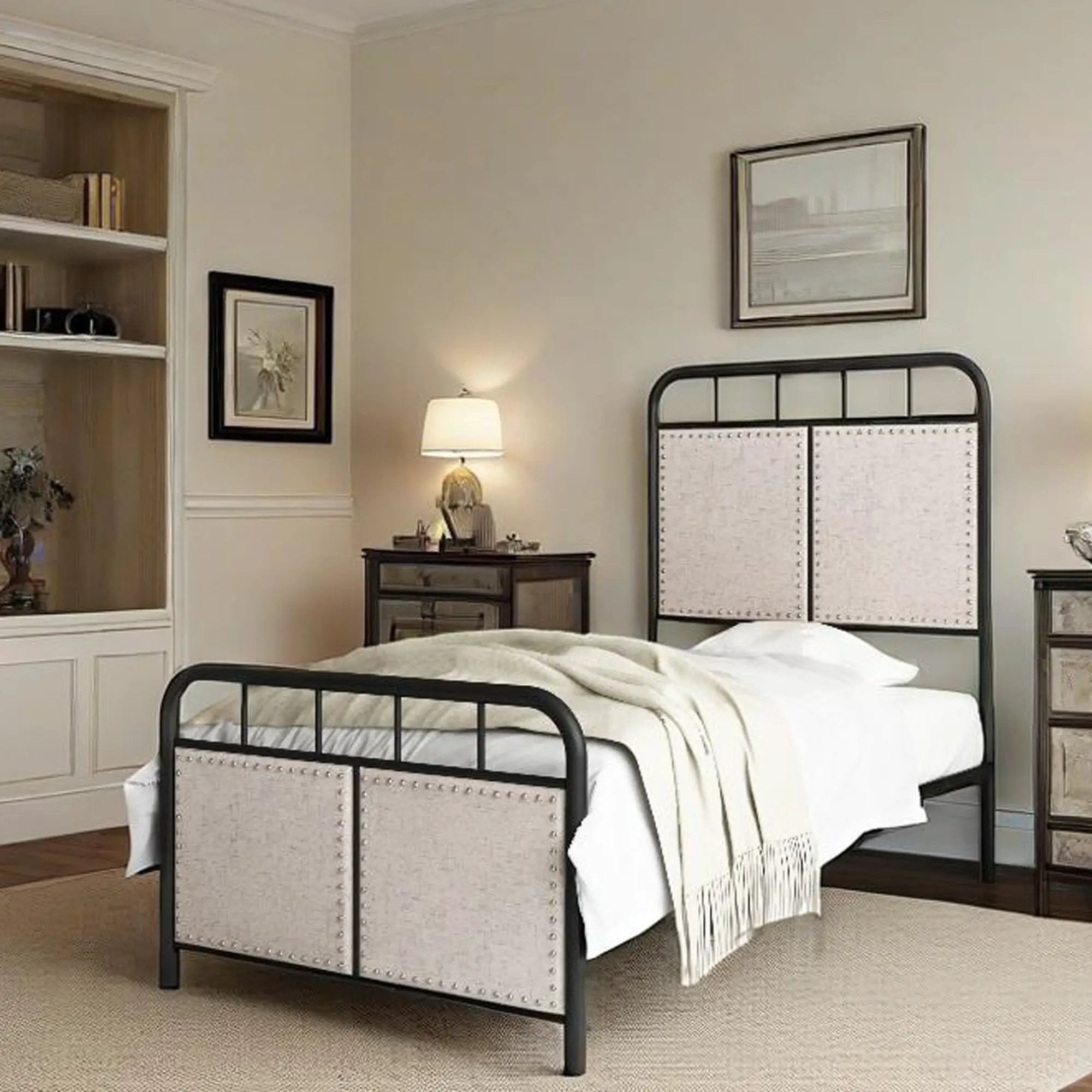 Twin Size Linen Upholstered Platform Metal Bed Frame with Fabric Headboard and Footboard by HouseOfZazla