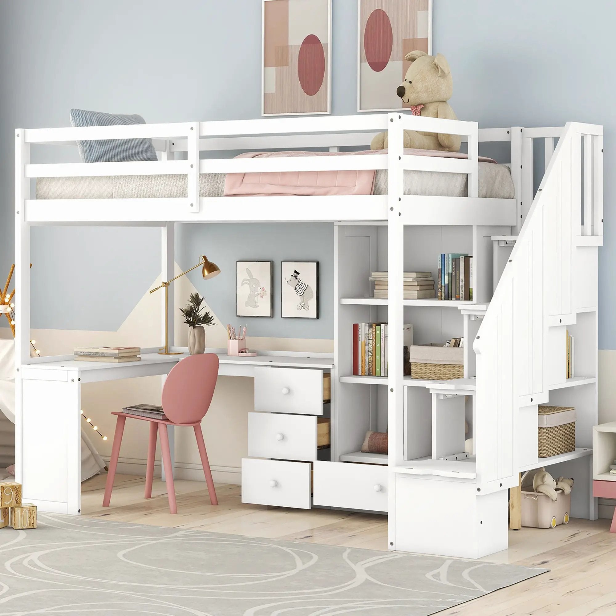 Loft Bed With L Shaped Desk, Drawers, Cabinet, And Storage Staircase by HouseOfZazla