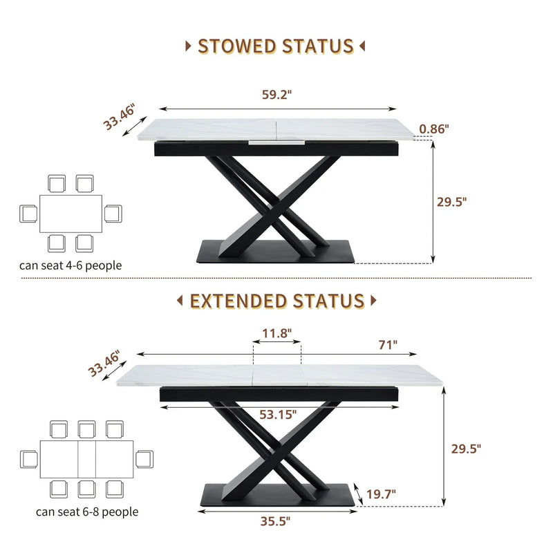 Dining Table With Geometric X Frame For Kitchen Or Dining Room - White Marble