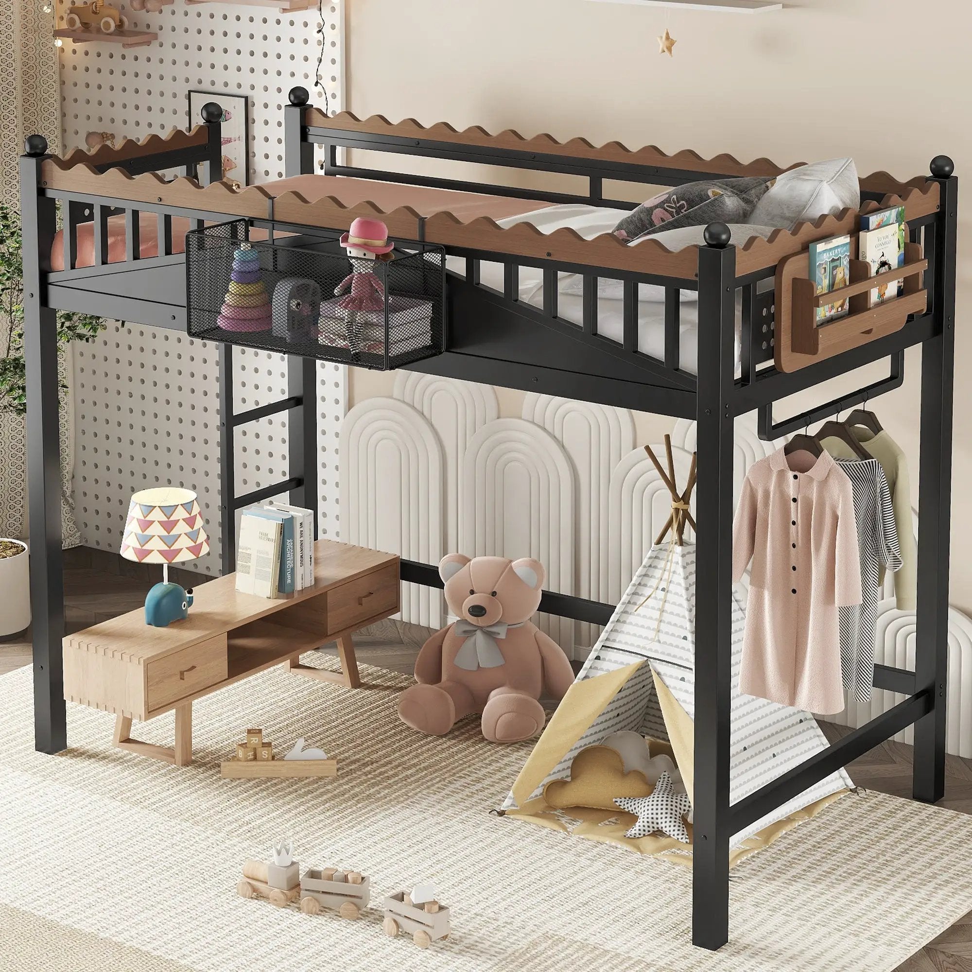 Twin XL Size Loft Bed with Ladders and Storage Shelves by HouseOfZazla