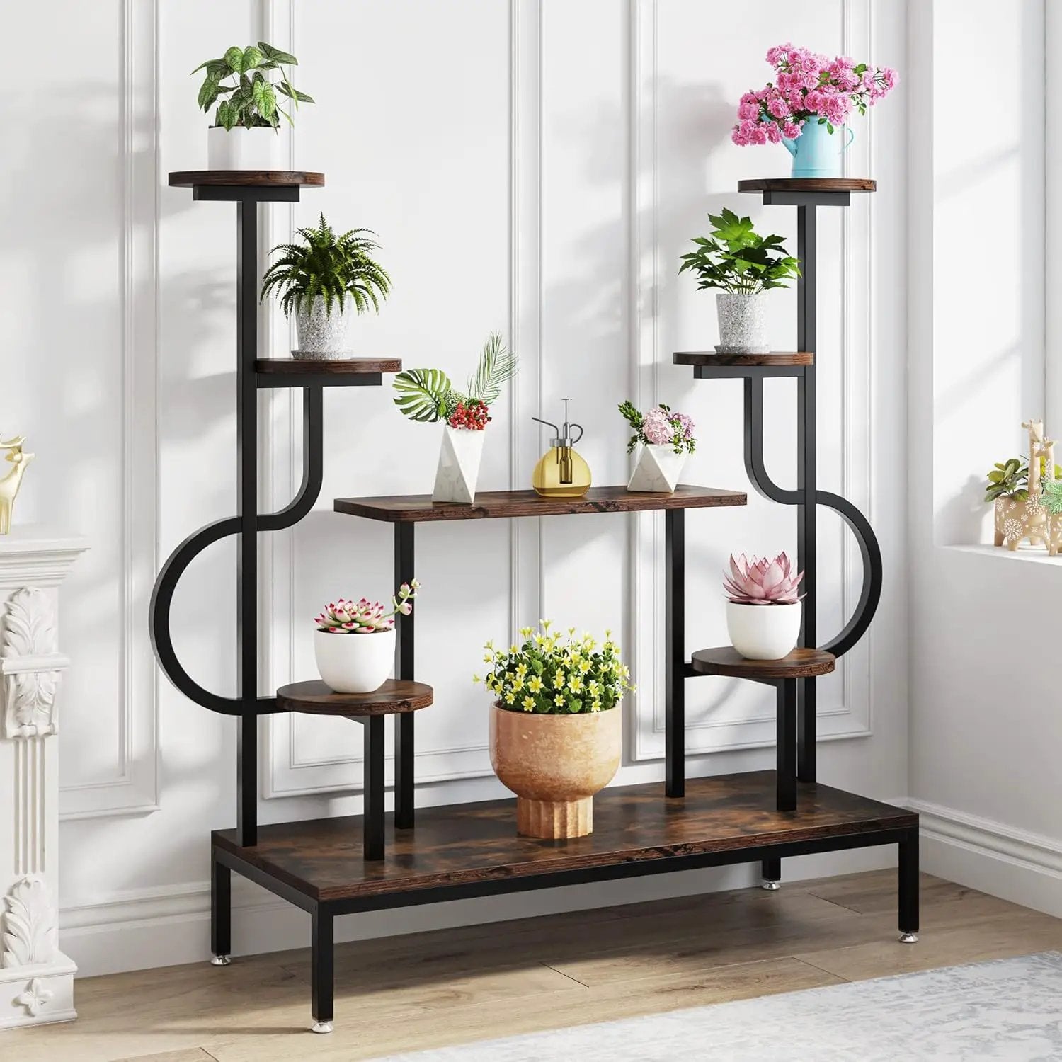 8 Tier Plant Stand With Round And Square Shelves For Living Room, Patio, Balcony & Garden - Brown / Black by HouseOfZazla