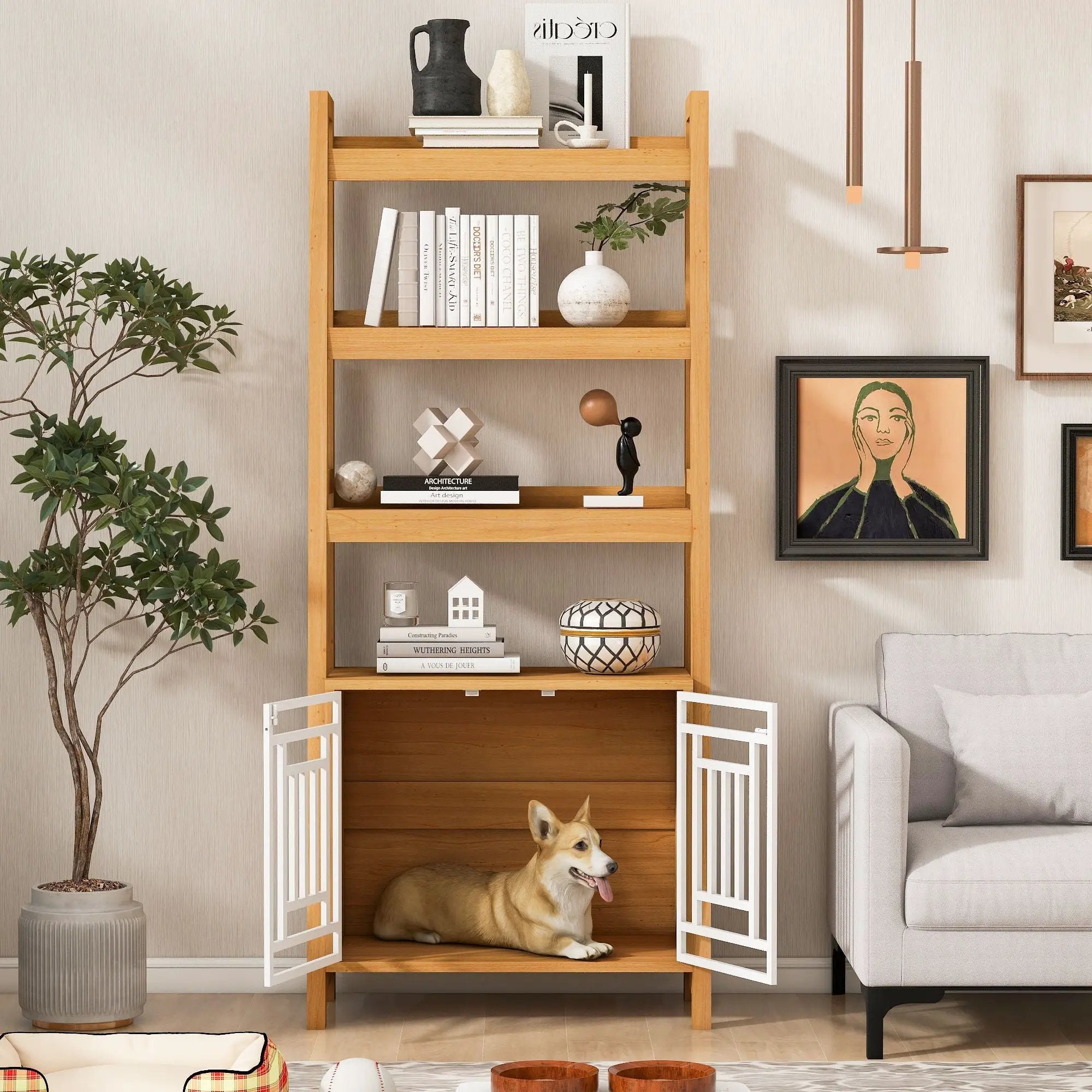 Modern Furniture Style 2 In 1 Pet Friendly Dog Crate Ladder Bookcase - Ancient Oak by HouseOfZazla