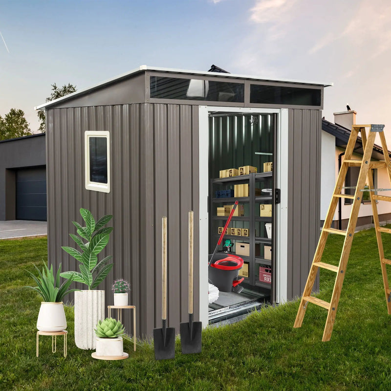 Outdoor Metal Storage Shed With Window Transparent Plate W540S00011 - Gray by HouseOfZazla