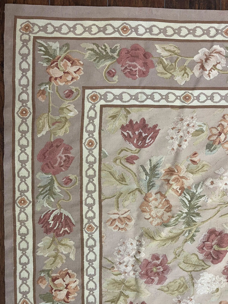 Aubusson Rug 9x12, Pink Beige Light Mauve, Handmade Allover Floral Roses, Wool Flatweave Carpet 9 x 12 ft, European French Design, Elegant by Jewel Rugs