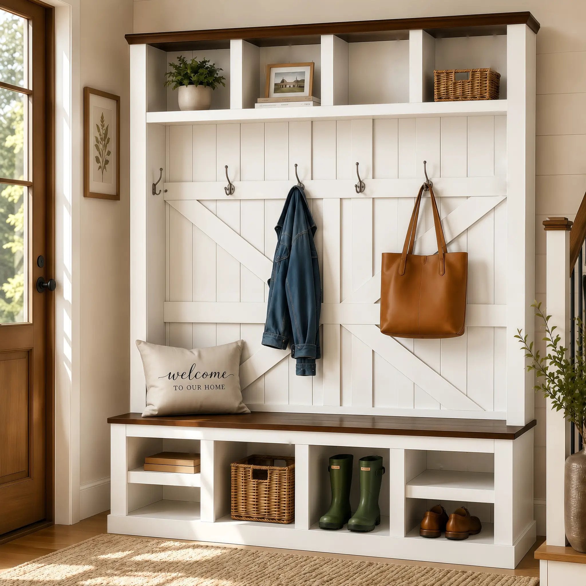 Farmhouse Hall Tree with Bench and Shoe Storage by HouseOfZazla