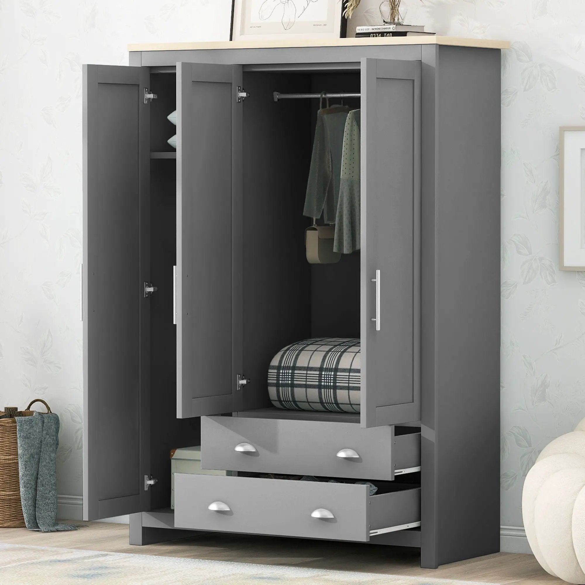 3 Door Storage Wardrobe With Cabinets And 2 Hanging Rods - Gray by HouseOfZazla