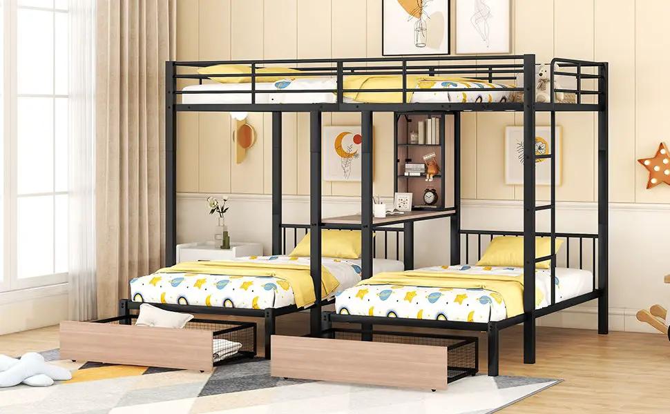 Triple Bunk Bed With Drawers, Multi-Functional Frame With Desks And Shelves In The Middle by HouseOfZazla