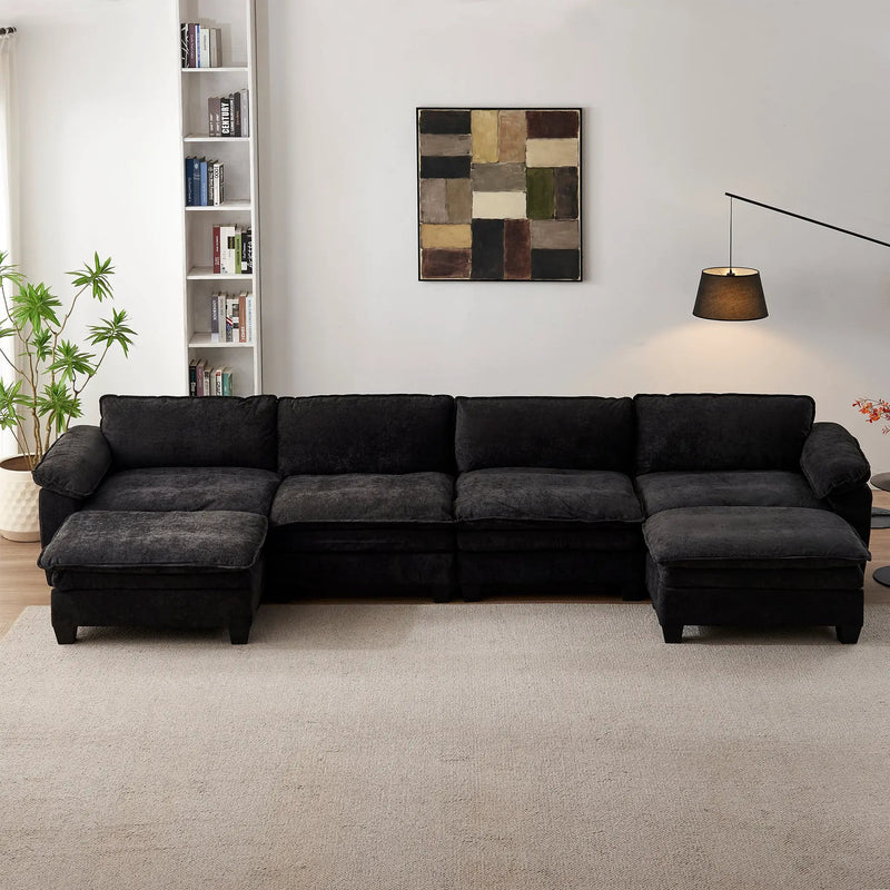 Luxury Chenille Upholstered U Shape Sofa with Two Ottomans by HouseOfZazla