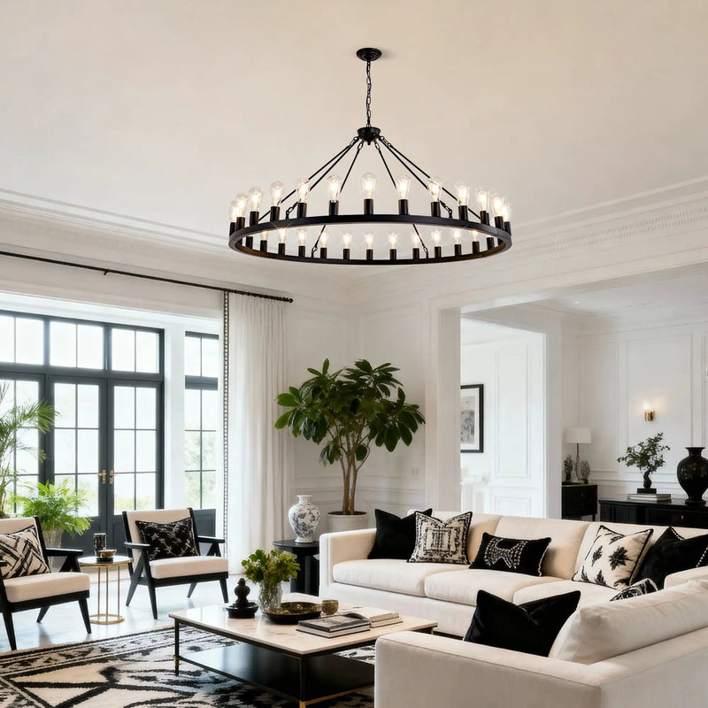 64 Inch Matte Black Wagon Wheel Chandelier With 30 Lights by HouseOfZazla