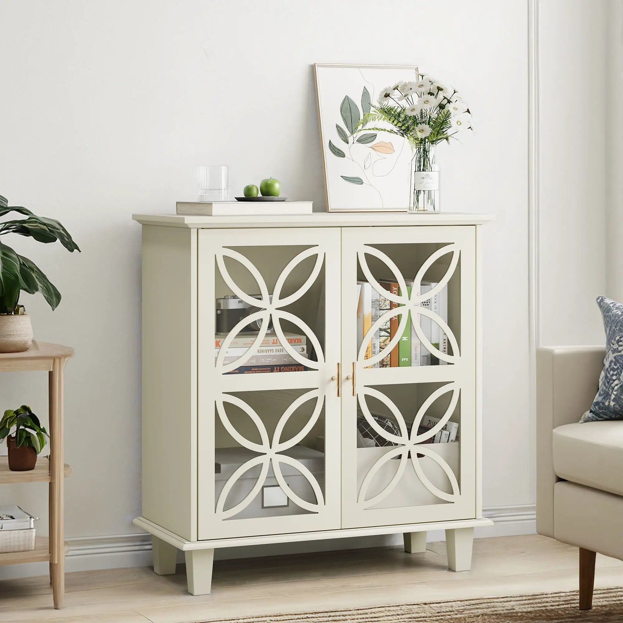 Modern Retro Sideboard Buffet Storage Cabinet With Adjustable Shelves And Tempered Glass Doors - Cream Color by HouseOfZazla
