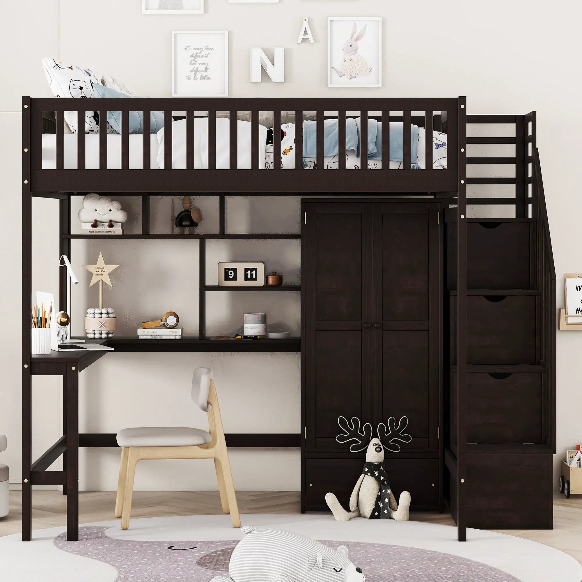 Loft Bed With Bookshelf, Drawers, Desk, And Wardrobe by Unique Piece Furniture