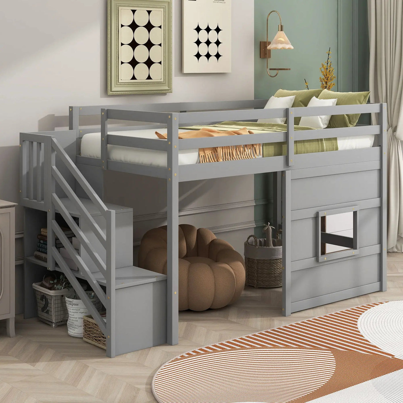 Loft Bed With Storage Staircase, Window & LED Light by HouseOfZazla