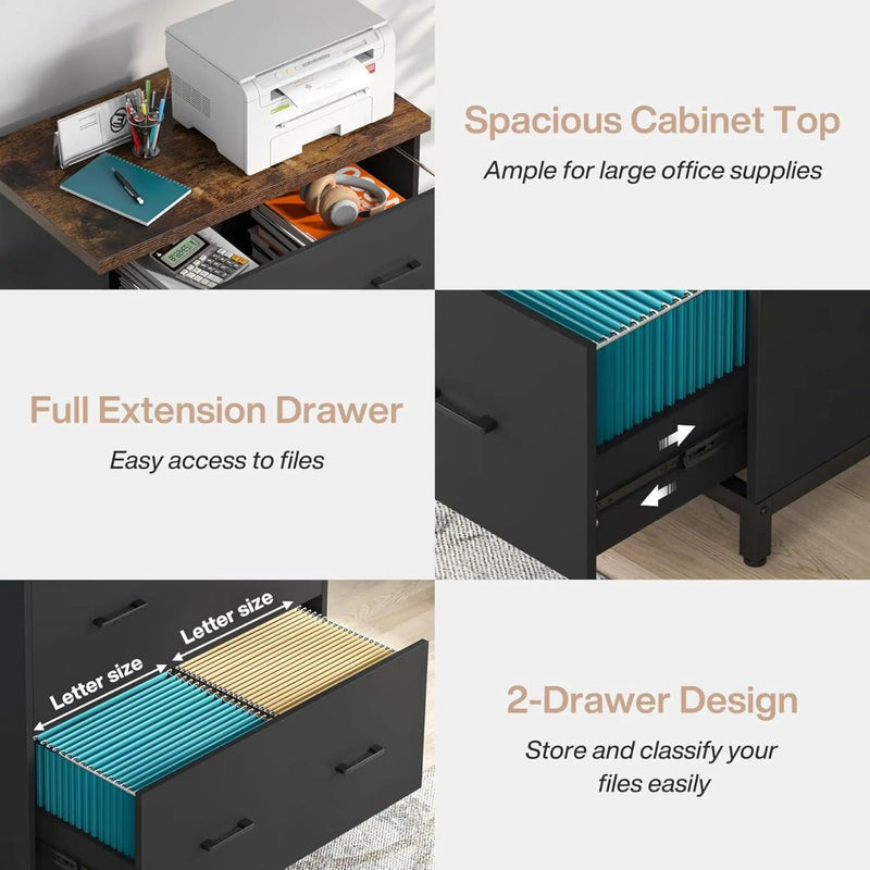 2 Drawer Lateral File Cabinet, A4 / Letter Size, Heavy Duty Storage For Home Office - Brown / Black by HouseOfZazla