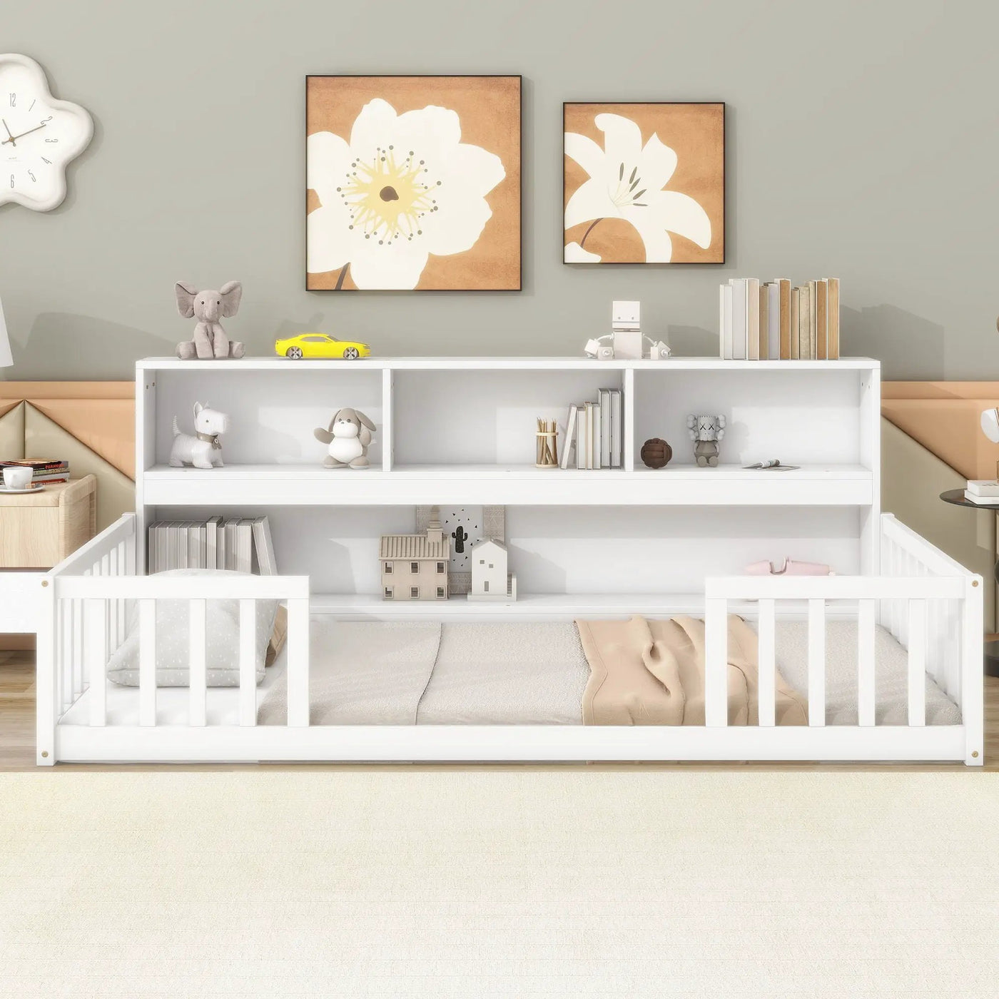 Floor Bed With Bedside Bookcase, Shelves, Guardrails by Unique Piece Furniture