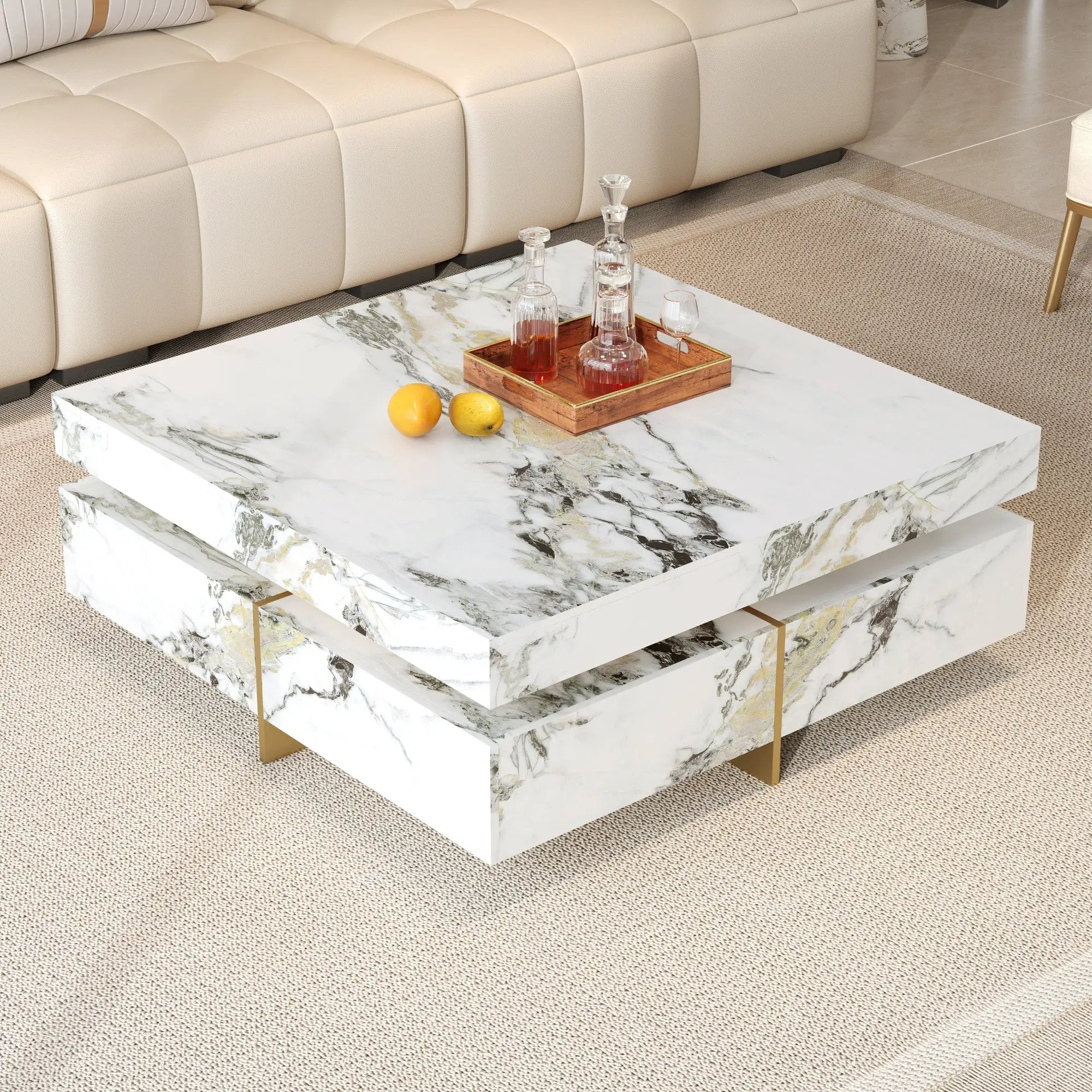 Modern Square Marble Textured Coffee Table with 4 Drawers by HouseOfZazla