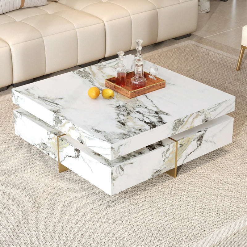 Modern Square Marble Textured Coffee Table with 4 Drawers by HouseOfZazla