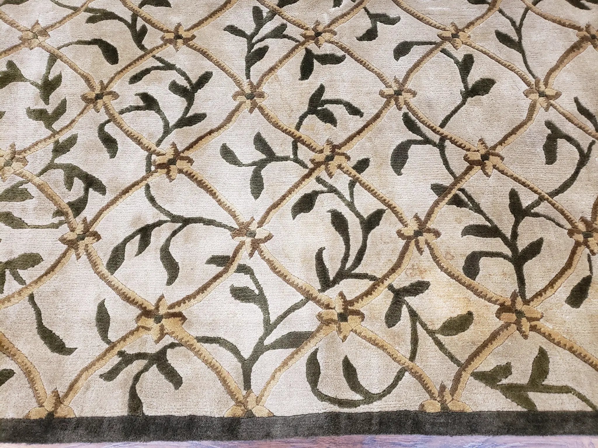 Vintage Tibetan Nepalese Area Rug 9x12, Wool Hand-Knotted, Beige Nepali Soft Pile Carpet, 9 x 12 Living Room Modern Dining Room Rug by Jewel Rugs