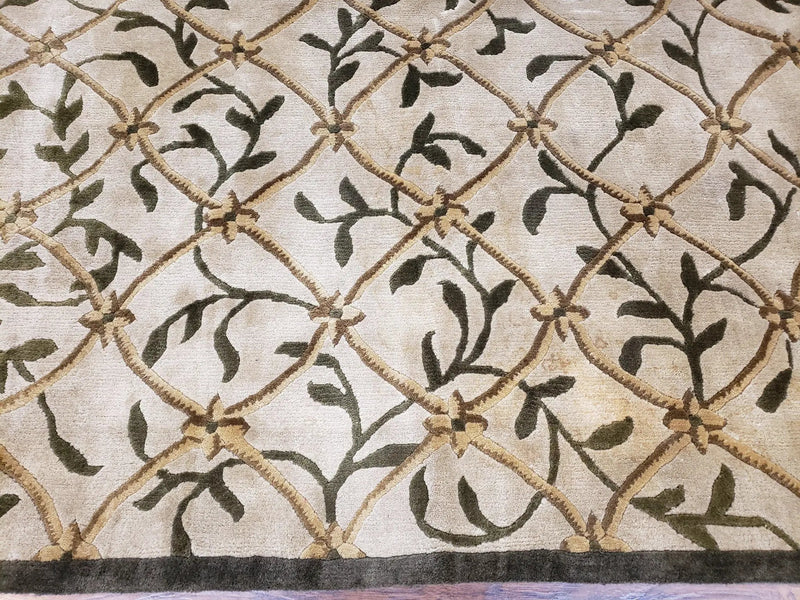 Vintage Tibetan Nepalese Area Rug 9x12, Wool Hand-Knotted, Beige Nepali Soft Pile Carpet, 9 x 12 Living Room Modern Dining Room Rug by Jewel Rugs