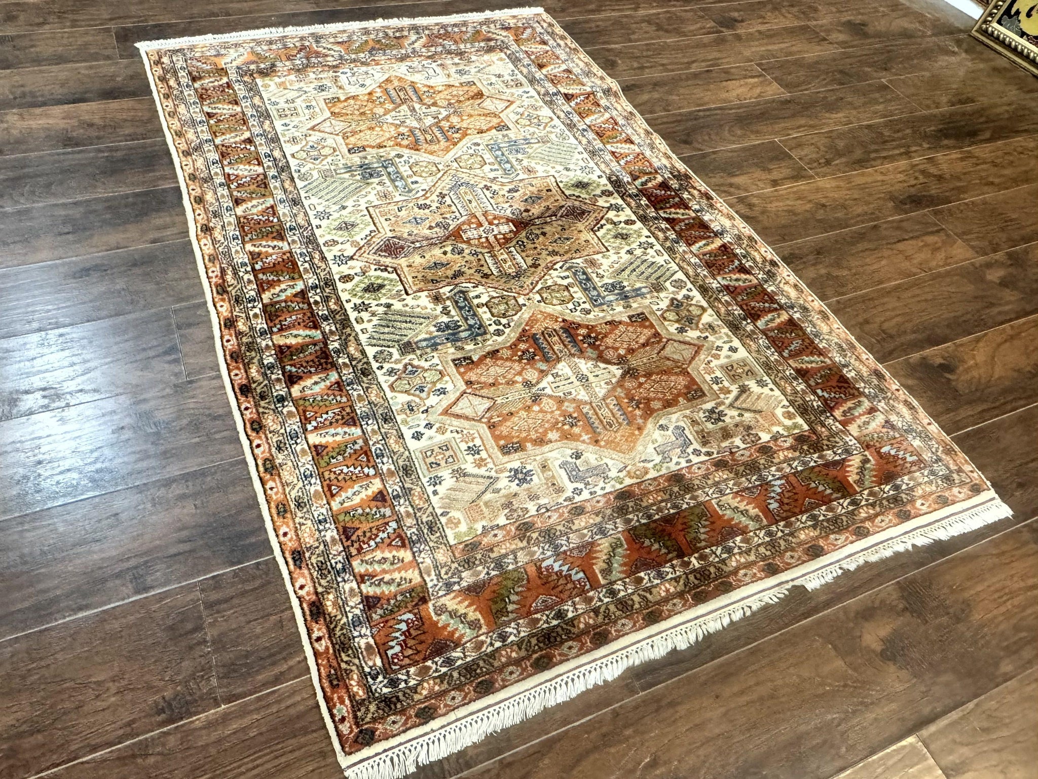 Turkish Kazak Rug 4x6, Geometric Medallions, Vintage Handmade Wool Carpet by Jewel Rugs