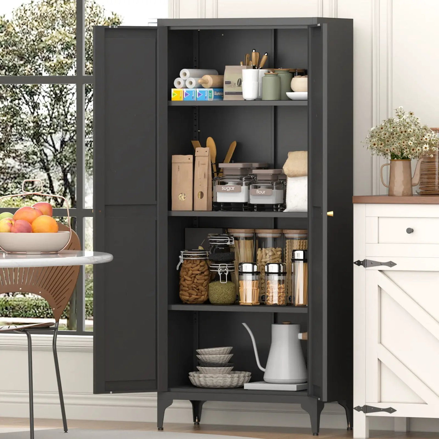 Adjustable 2 Door Kitchen Pantry Cabinet With Striped Design by Unique Piece Furniture