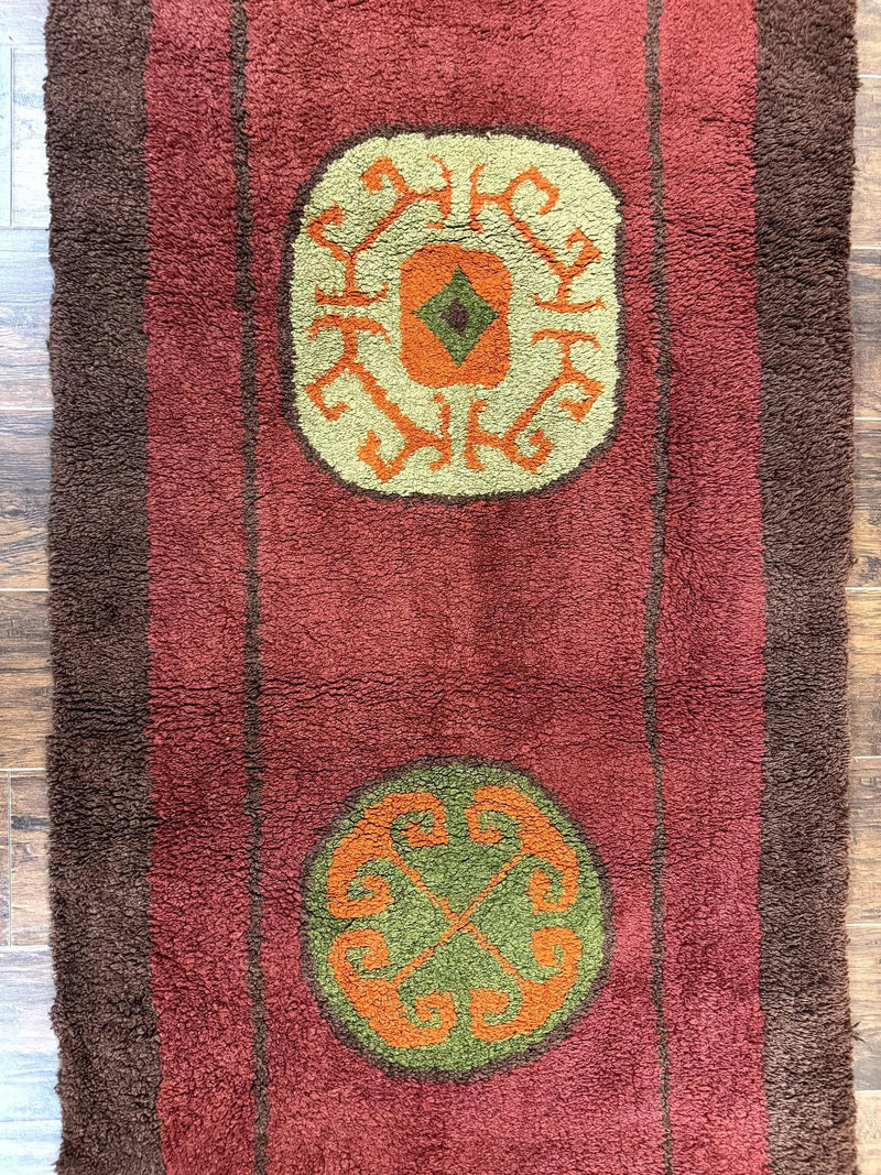 German Hooked Runner Rug 3x8, Vintage, Red, Wool by Jewel Rugs