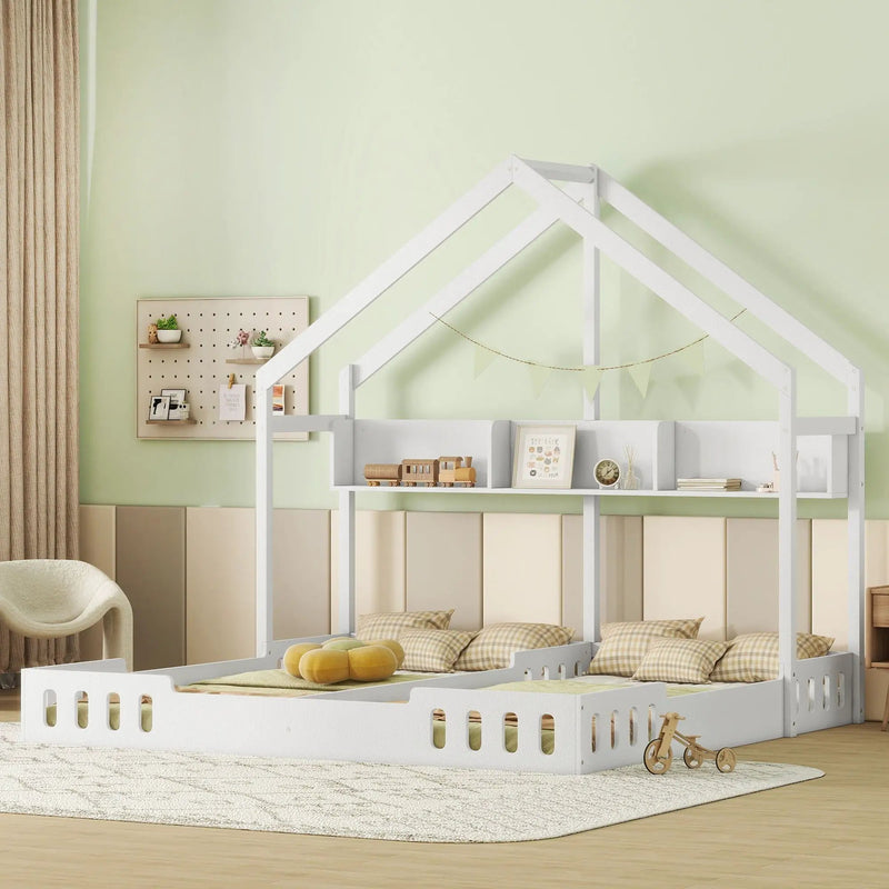 Twin Size Platform Bed With Shared Design, Guardrails, And Built In Shelves - Creamy White by HouseOfZazla