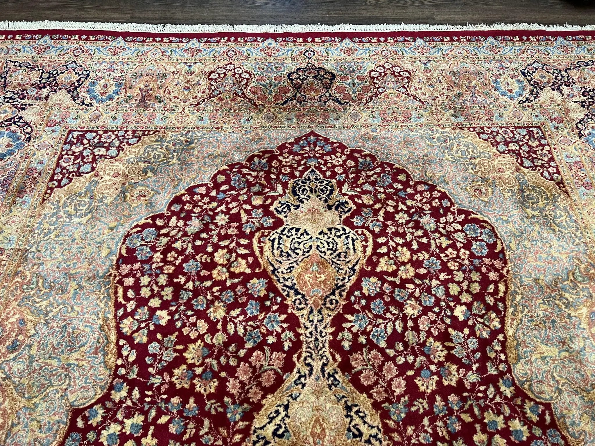 Persian Rug 9x12, Kirman DeLuxe, Millefleur Floral Medallion Carpet, Maroon Light Blue Beige, Semi Antique Authentic Hand Knotted Wool Rug by Jewel Rugs