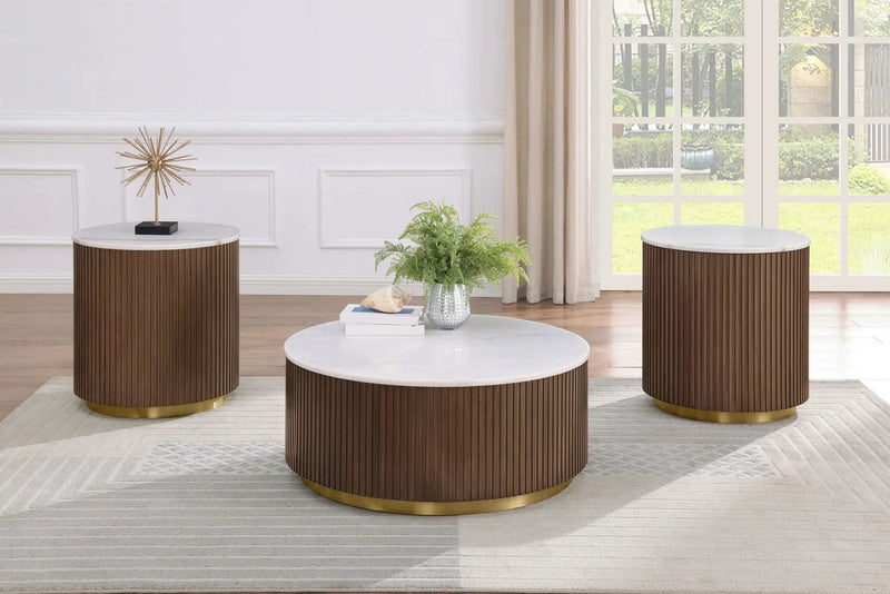 Jason 3-piece Round White Marble Coffee Table Set Honey Brown by Unique Piece Furniture