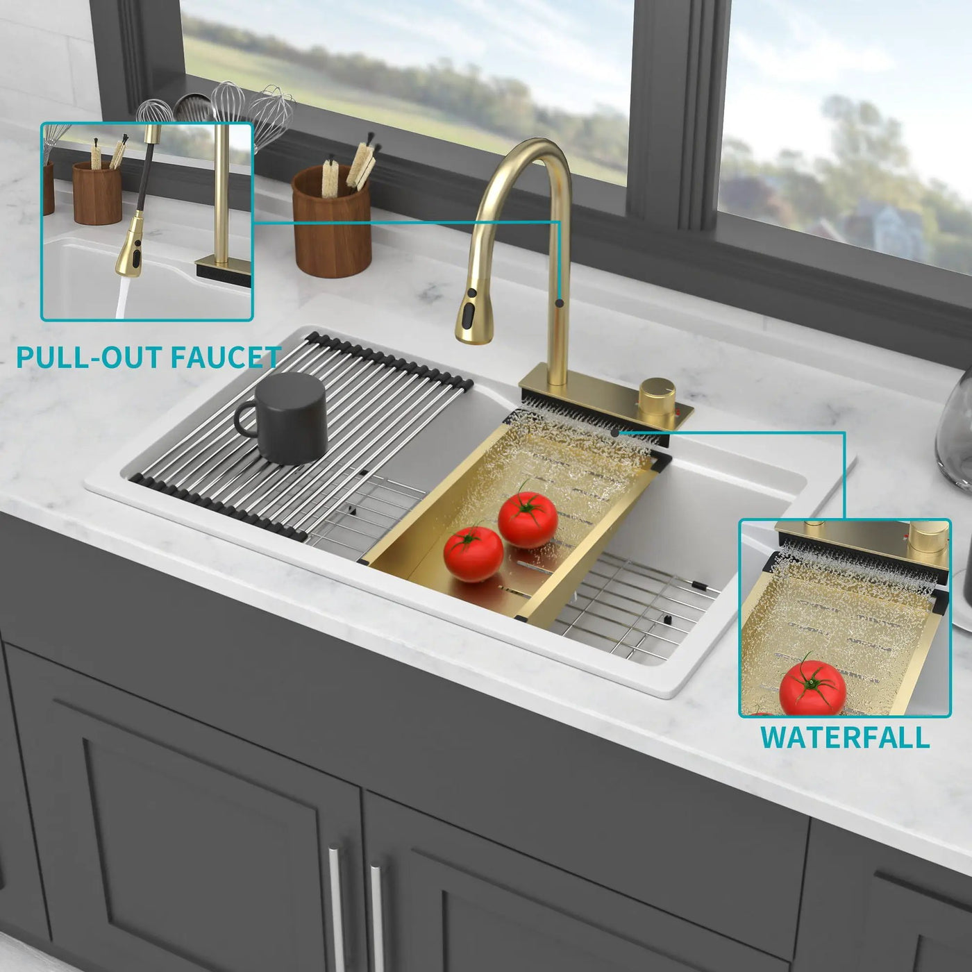 Waterfall Kitchen Sink With Pull Out Faucet & Cup Washer by HouseOfZazla