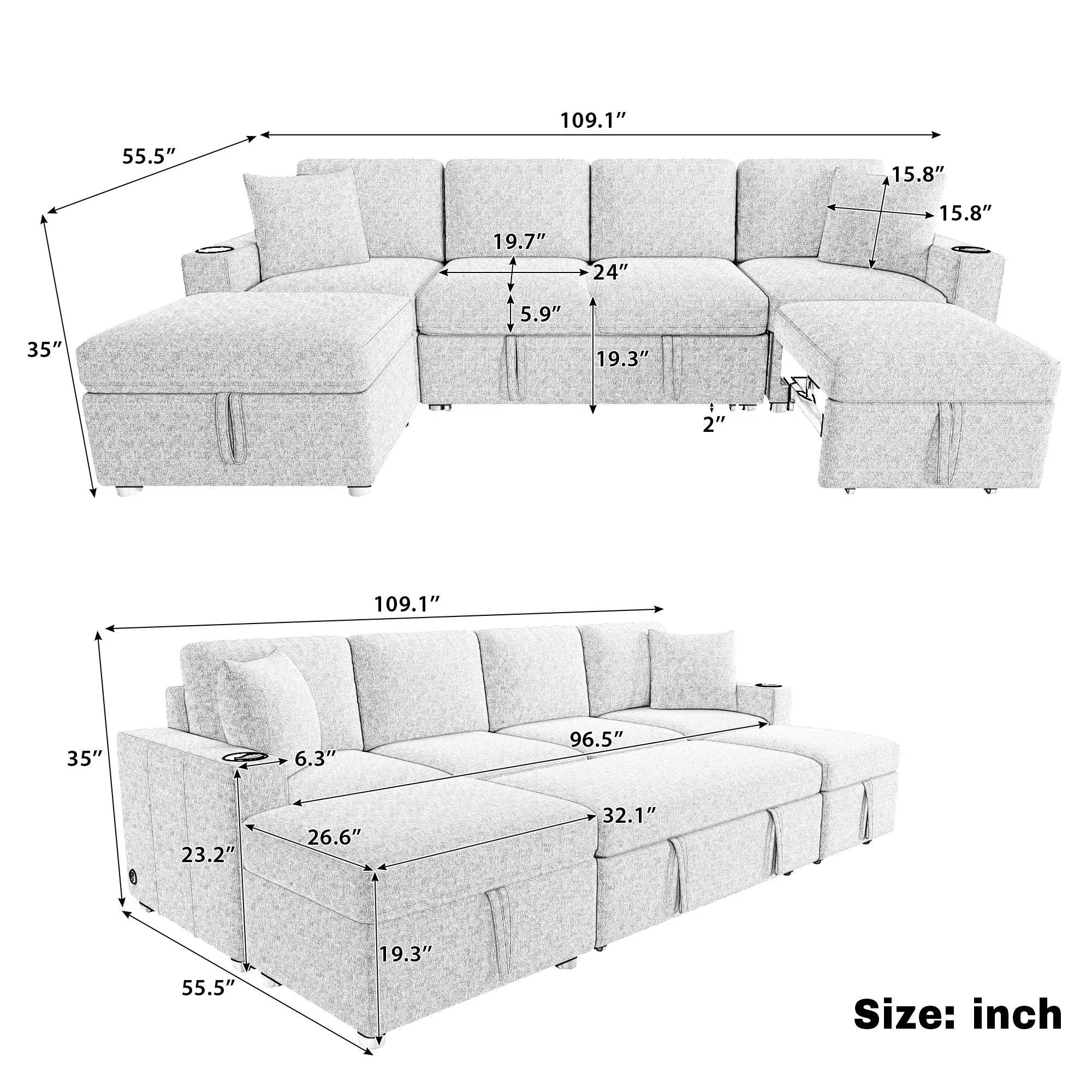 Sectional Sofa Convertible Pull-Out Bed With Storage Ottoman & USB Ports by HouseOfZazla