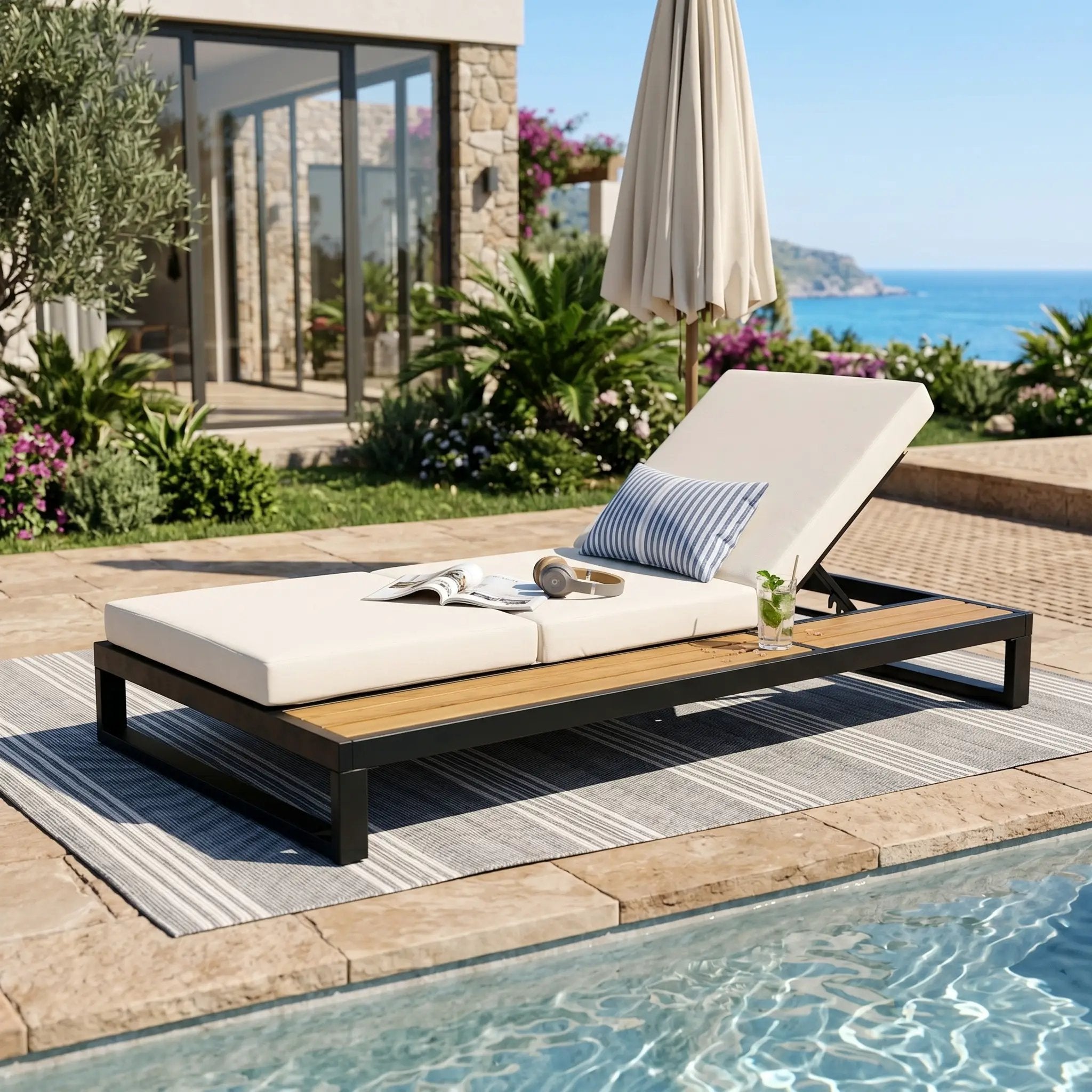 Black Iron & Teak Finish Chaise Lounge Set by HouseOfZazla