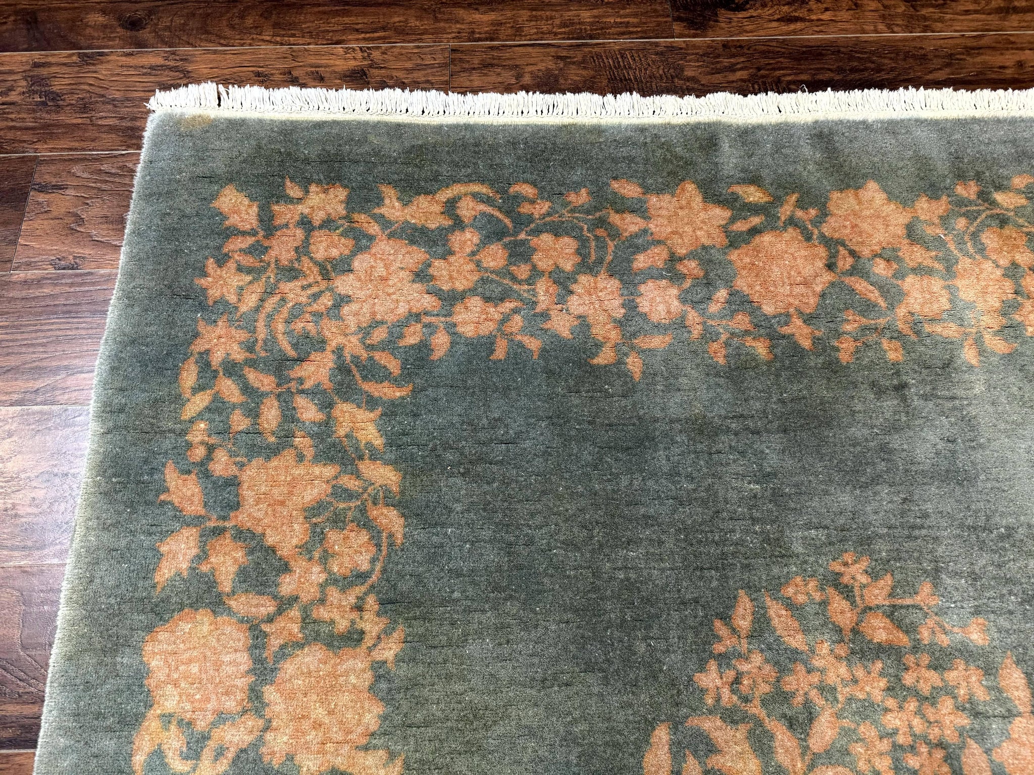 Teal Chinese Wool Rug 6x8, Vintage Handmade Carpet, Floral, Semi Open Field by Jewel Rugs
