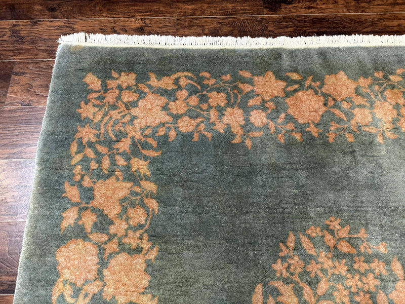 Teal Chinese Wool Rug 6x8, Vintage Handmade Carpet, Floral, Semi Open Field by Jewel Rugs