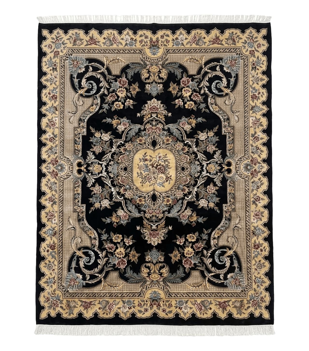 Aubusson Rug 9x12, Black and Beige, Floral, Elegant Handmade French European Design Carpet by Jewel Rugs