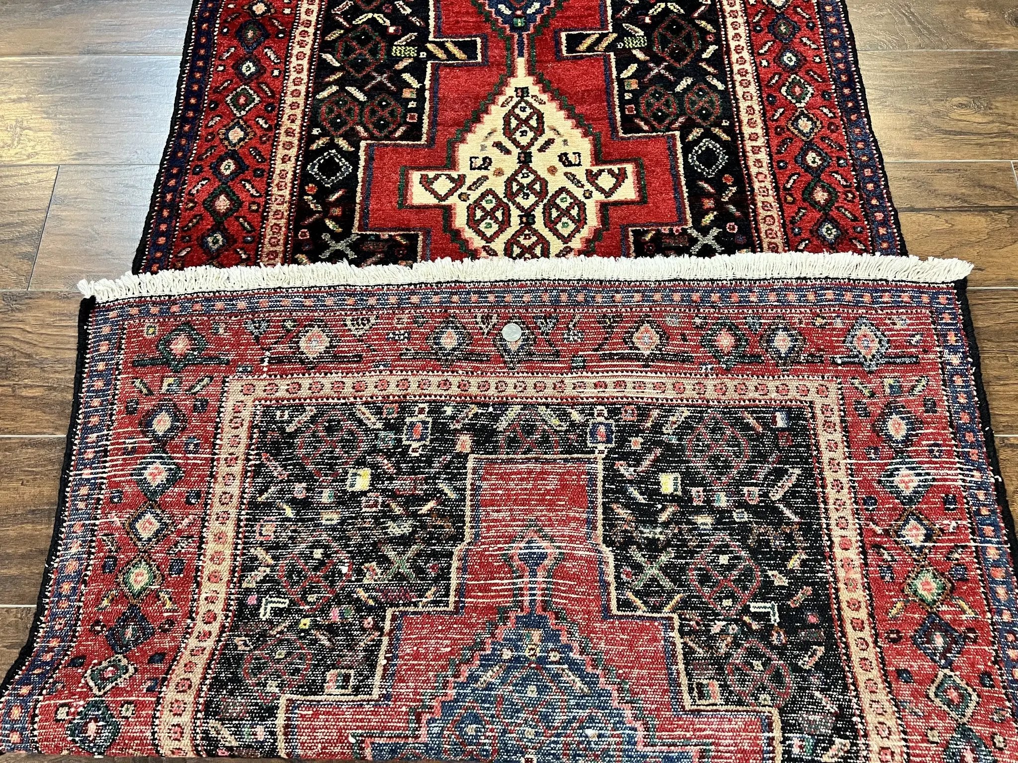 Persian Kurdish Senneh Runner Rug 3x9, Red Navy Blue, Medallions Wool Tribal Runner for Kitchen/Hallway 9ft Antique Handmade Oriental Runner by Jewel Rugs
