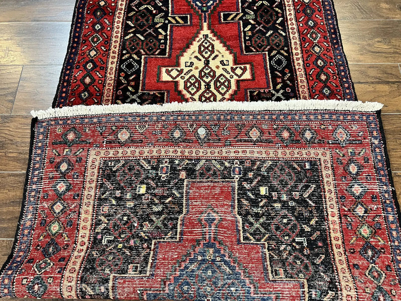 Persian Kurdish Senneh Runner Rug 3x9, Red Navy Blue, Medallions Wool Tribal Runner for Kitchen/Hallway 9ft Antique Handmade Oriental Runner by Jewel Rugs