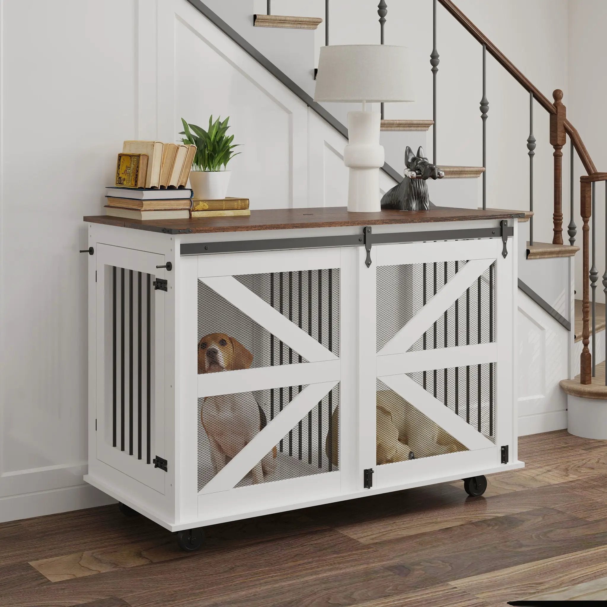 Mobile Dog Crate With Flip Top Feeding Door, Dual Access & 5 Caster System (2 Locking) - Brown White by HouseOfZazla