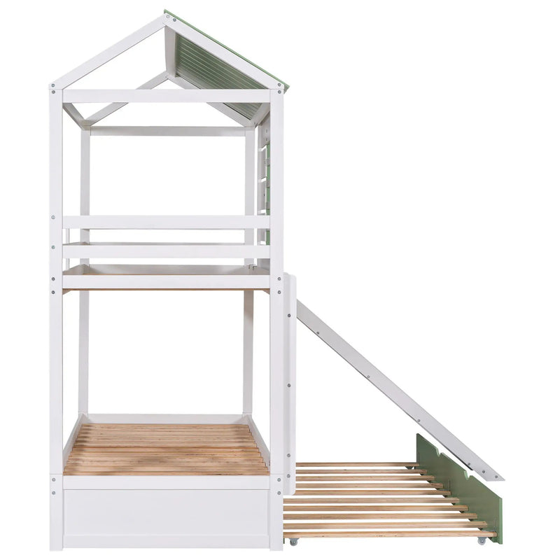 Twin Over Twin House Bunk Bed With Convertible Slide And Trundle - White by HouseOfZazla