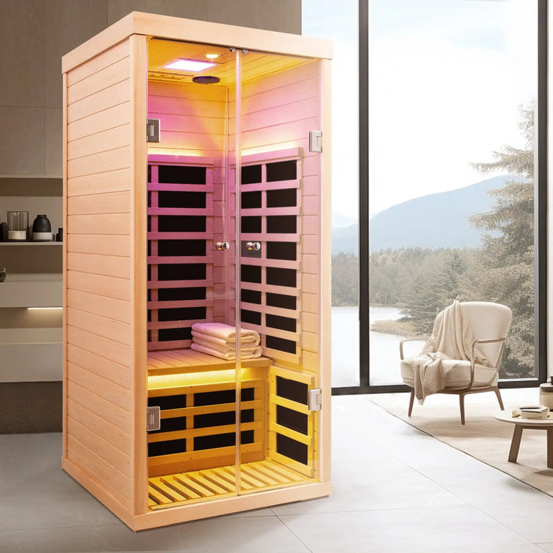 Luxury Indoor Low EMF Far Infrared Sauna Room with Hemlock Wood and Glass Double Doors by HouseOfZazla