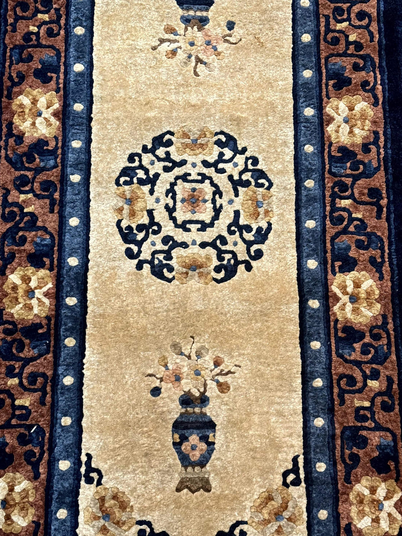 Silk Chinese Rug 2x4, Peking Carpet, Golden-Beige and Blue, Hand Knotted, Simple Design by Jewel Rugs
