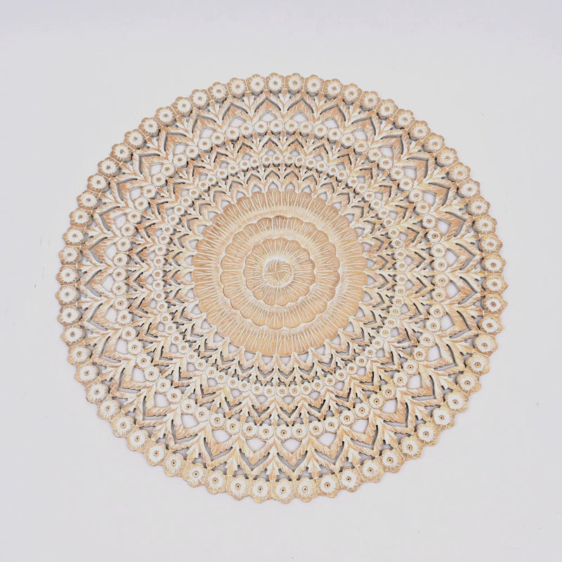 Floral Hand Carved Mandala Round Wall Decor - Brown / Antique White by Unique Piece Furniture