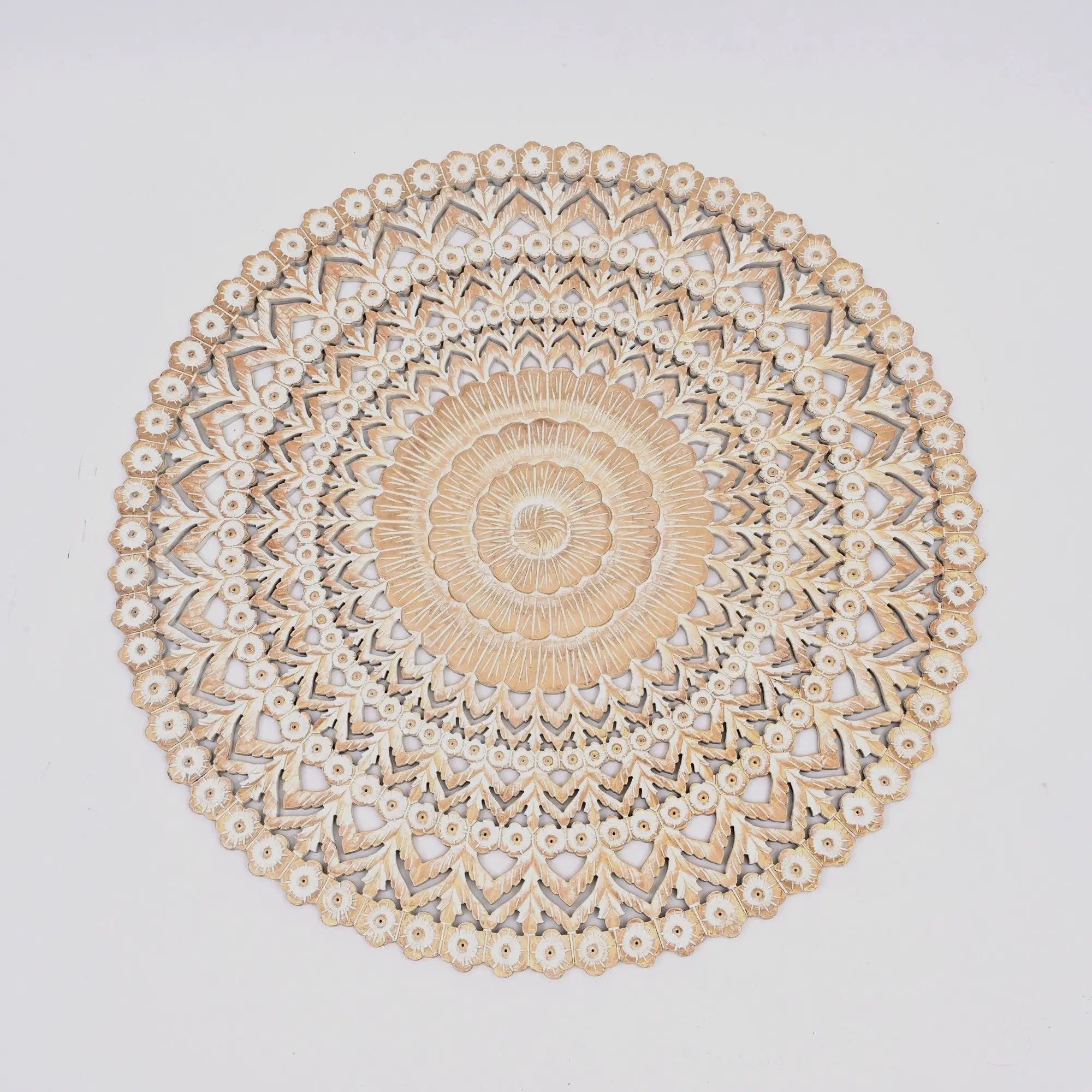 Floral Hand Carved Mandala Round Wall Decor - Brown / Antique White by HouseOfZazla