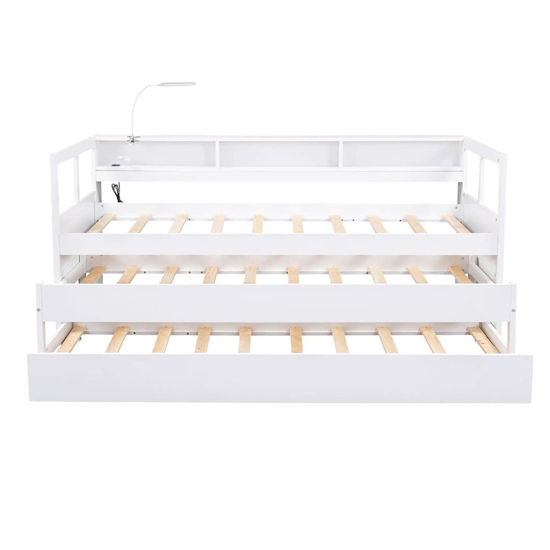 Daybed With 2 Trundles, 3 Storage Cubbies, Built In USB Charging Light