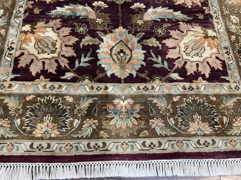 Indo Mahal Rug 6x9, Large Flowers Allover, Maroon and Green, Handmade Wool Area Rug, Vintage Rug, Indian Oriental Carpet, Hand Knotted Rug by Jewel Rugs