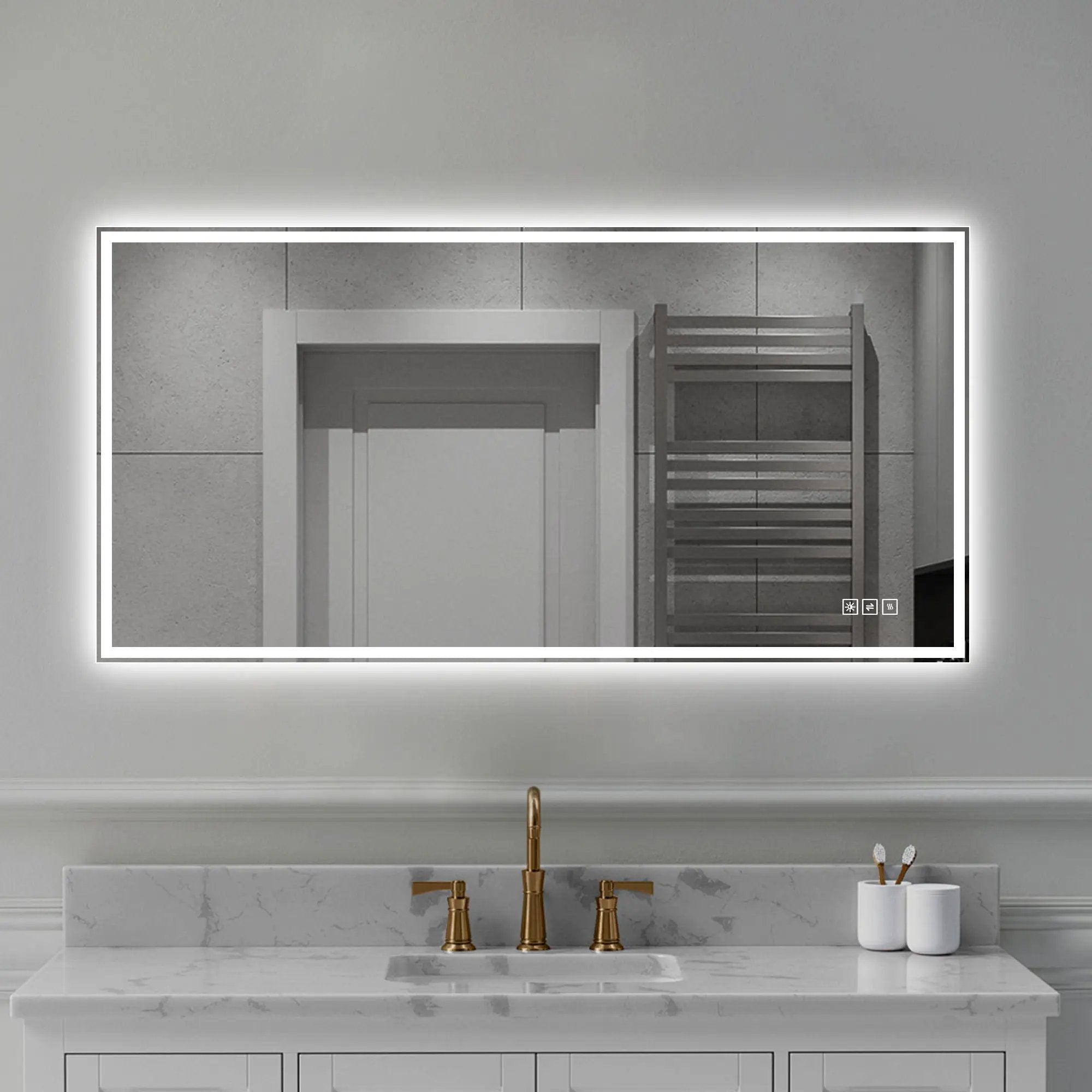 LED Bathroom Vanity Wall Mirror With Straight Edge Design, Frosted Glass Finish, Anti Fog, Dimmable 3 Color Lighting - Silver by HouseOfZazla