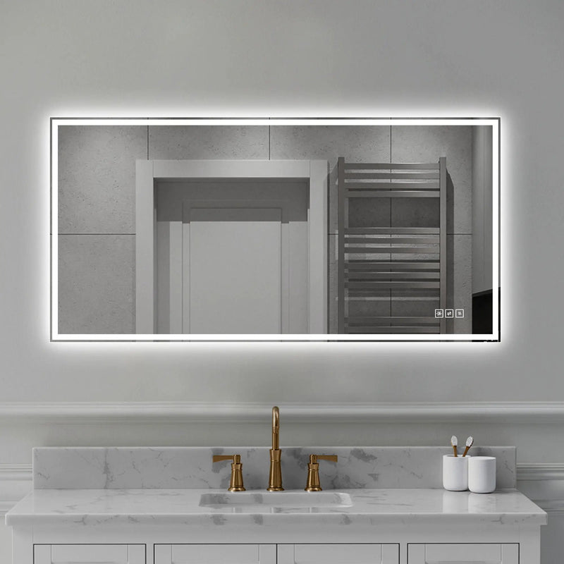LED Bathroom Vanity Wall Mirror With Straight Edge Design, Frosted Glass Finish, Anti Fog, Dimmable 3 Color Lighting - Silver by HouseOfZazla