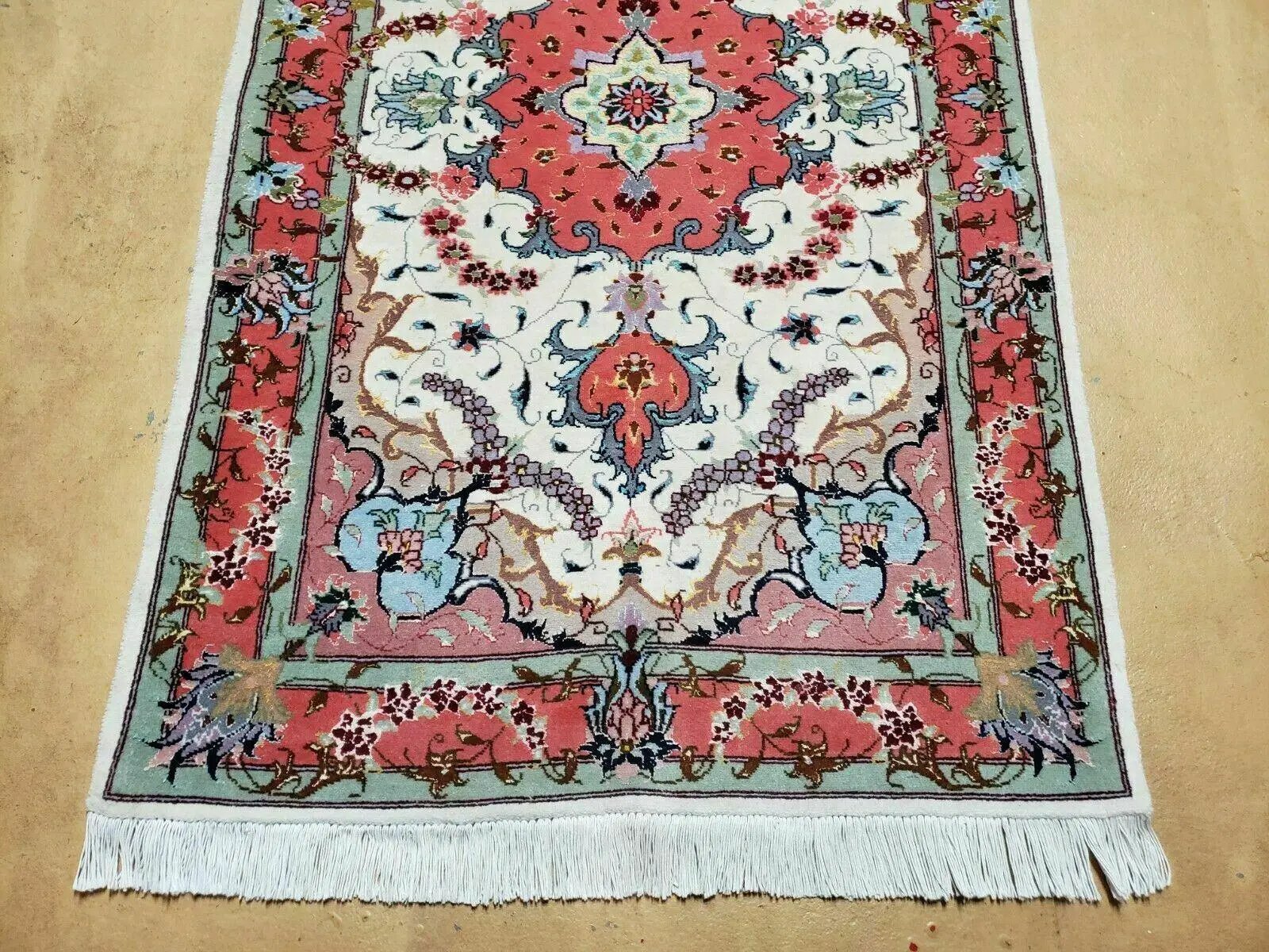 Small Vintage Persian Tabriz Wool and Silk Rug 2.5 x 4 ft, Very Finely Hand Knotted, Medallion, Ivory Salmon Light Blue, Top Quality, Pair B by Jewel Rugs