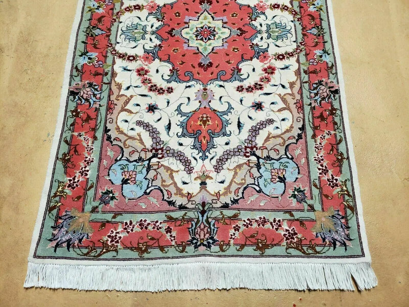 Small Vintage Persian Tabriz Wool and Silk Rug 2.5 x 4 ft, Very Finely Hand Knotted, Medallion, Ivory Salmon Light Blue, Top Quality, Pair B by Jewel Rugs